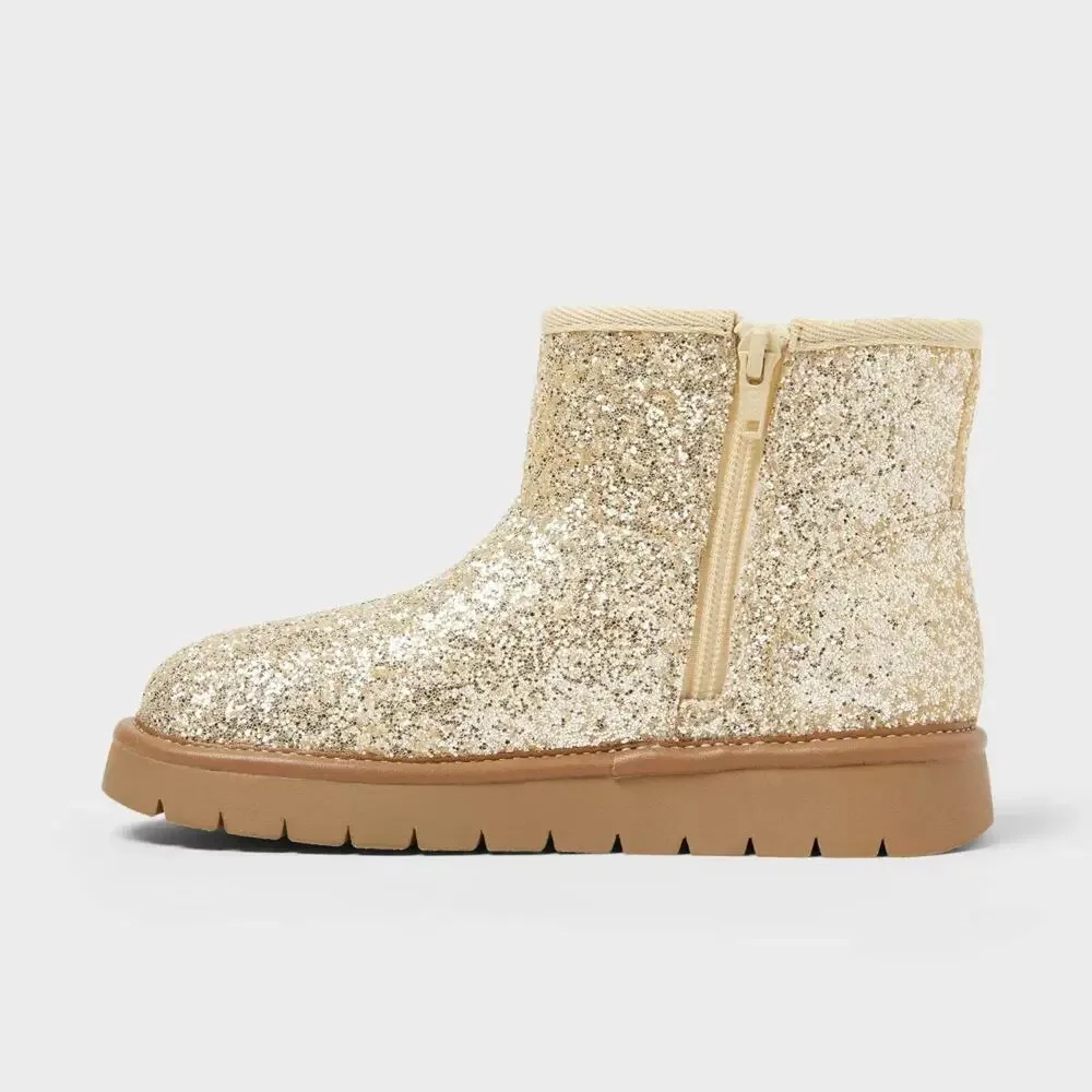Girls Size 2 Gold Glitter Ankle Boots Winter Sparkle Cat & Jack Honor New